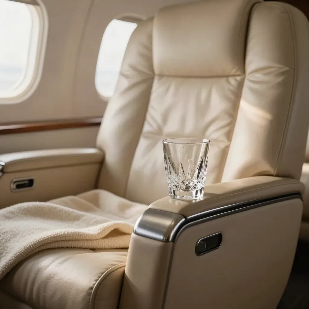 Macro cabin detail: leather seats, folded blanket, chilled glassware and closed shades in a private jet
