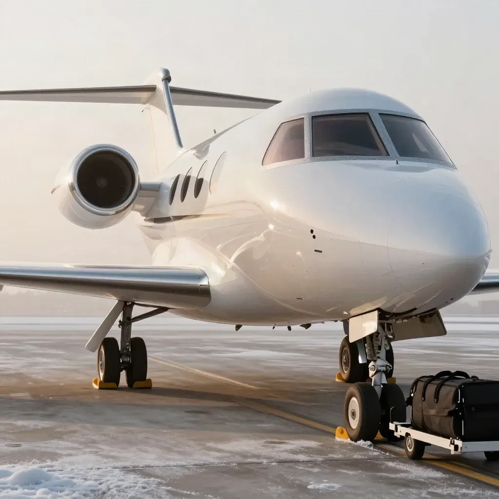 Private jet loaded for a winter ski charter on a frosted apron, chocks set, equipment waiting.