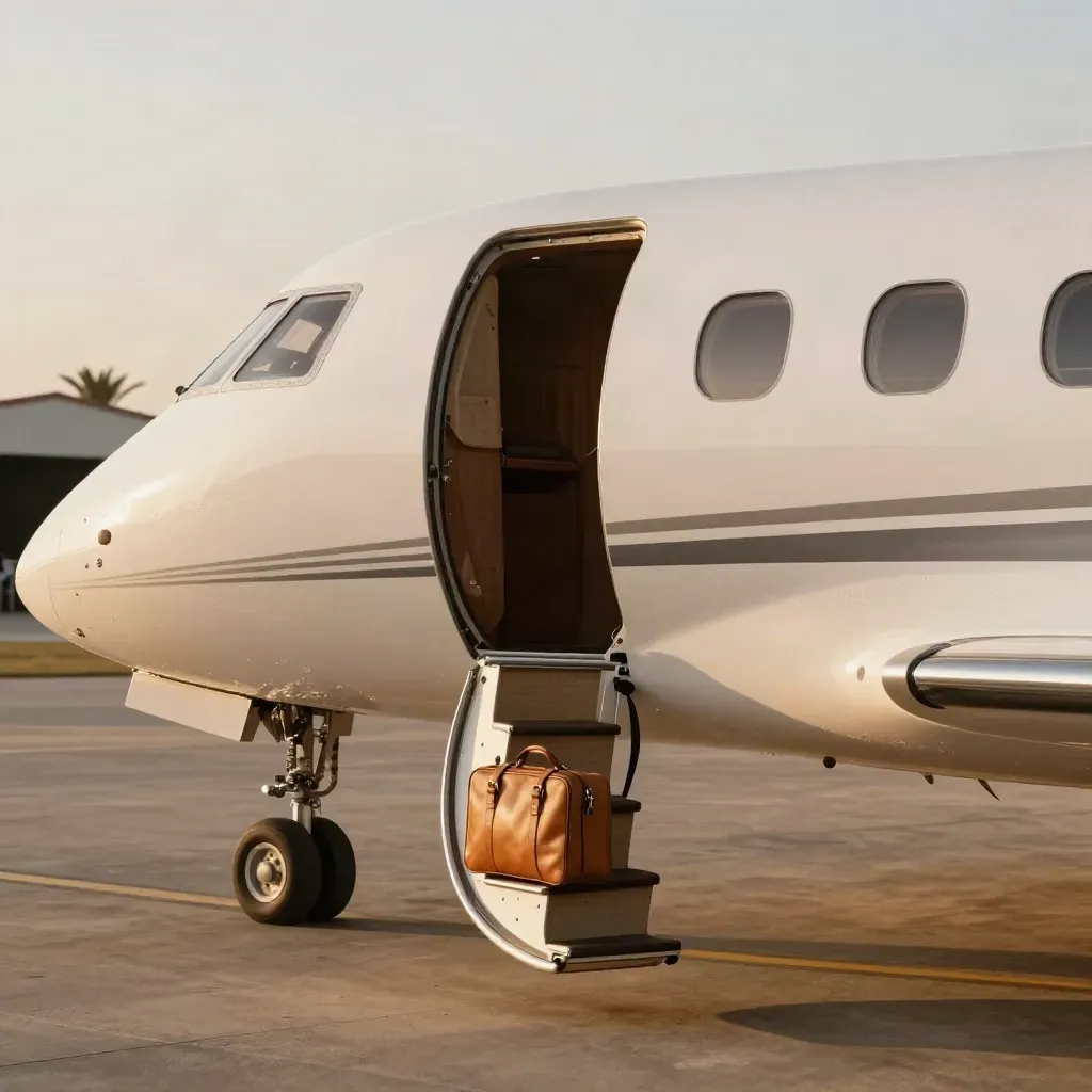Private jet parked in warm coastal light with one weekend case beside it.