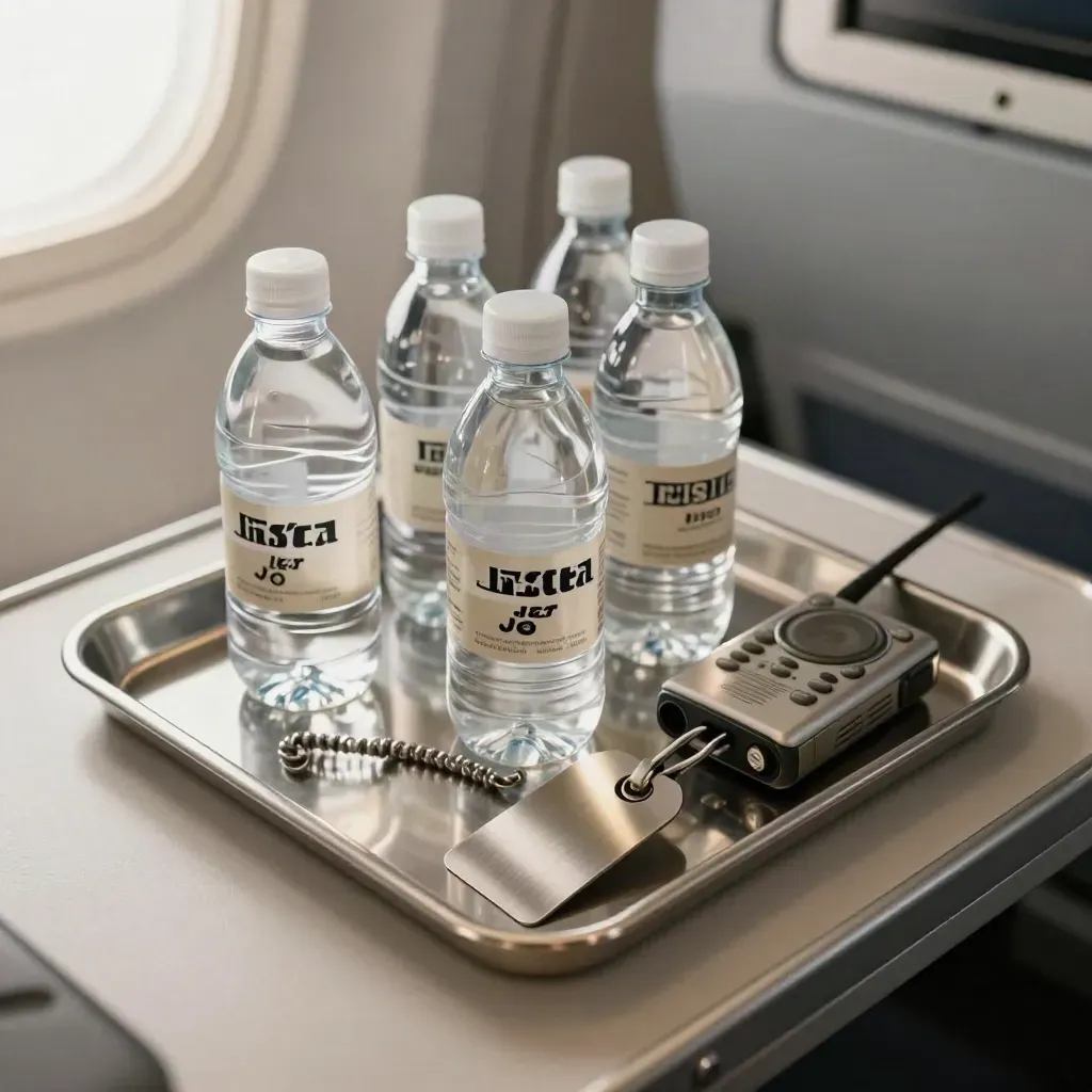Ops tray with sealed water bottles, radio receiver and metal tag on stainless steel.